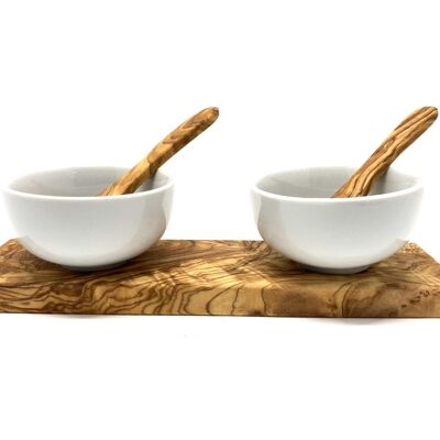 Set of 2 dip bowls porcelain round (Ø 8.5 cm) incl. 2 spoons on olive wood