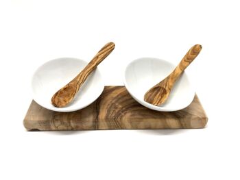 Set de 2 bols à trempette DESIGN en porcelaine inclinés avec 2 cuillères sur bois d'olivier 1