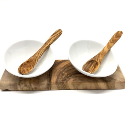 Set of 2 dip bowls DESIGN porcelain inclined incl. 2 spoons on olive wood