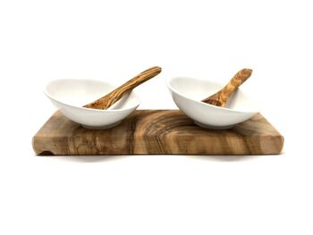 Set de 2 bols à trempette DESIGN en porcelaine inclinés avec 2 cuillères sur bois d'olivier 2