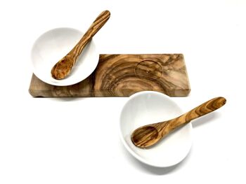 Set de 2 bols à trempette DESIGN en porcelaine inclinés avec 2 cuillères sur bois d'olivier 3