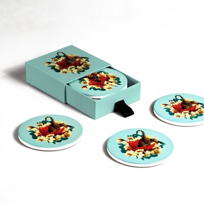 Set of 4 Tiger Flower ceramic coasters