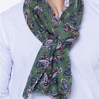 Ambroisie - écharpe en laine verte, bleu, blanc, rouge - motif cachemire