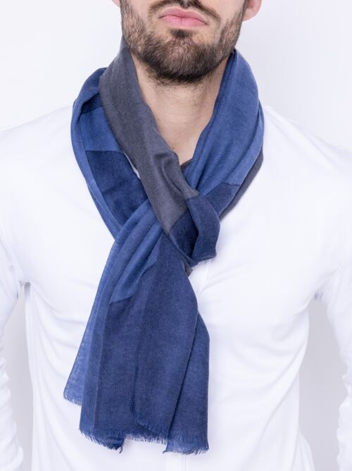 Océanides - écharpe en laine camaieu de bleus, gris - motif géometrique