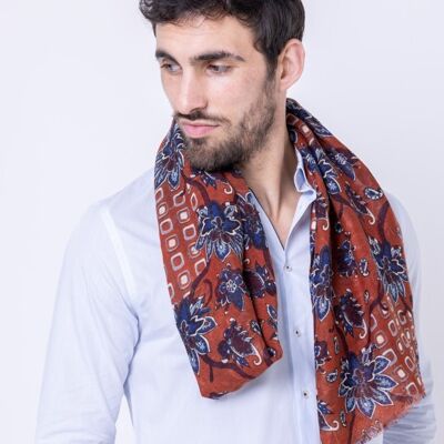 ERYCINE - WOOL SCARF - CORAL ORANGE, BLUE AND WHITE