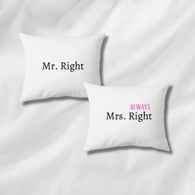 Duo taies d'oreiller "mr. right mrs. always right" en coton