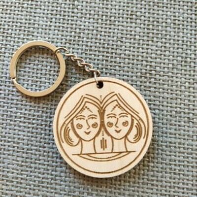 Wooden Twins Sign Keychain, Wood Zodiac Keyring Acessory - 2