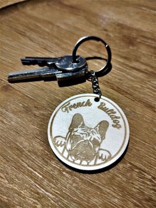 Wooden French Bulldog Keychain, Wood Pet Keyring Acessory