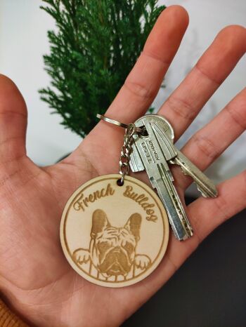 Porte-clés bouledogue français en bois, accessoire porte-clés en bois pour animaux de compagnie 2