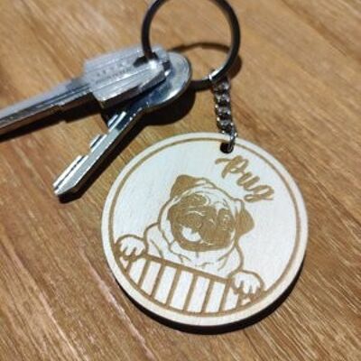 Wooden Pug Keychain, Wood Pet Keyring Acessory