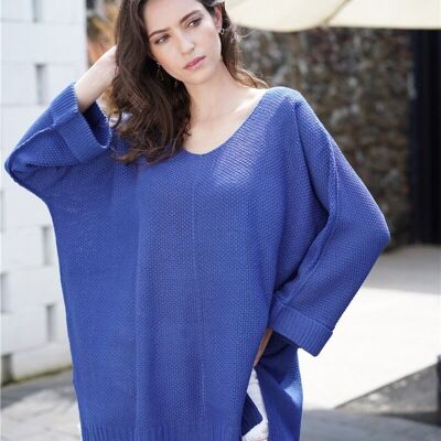 Tunique oversize en tricot gaufré à manches longues-Bleu