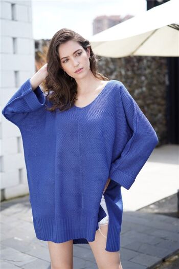 Tunique oversize en tricot gaufré à manches longues-Bleu 1