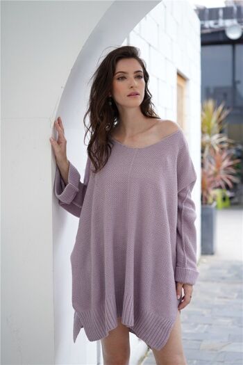 Tunique oversize en tricot gaufré à manches longues-Mauve 3