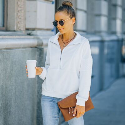 Pullover mit Reißverschluss und Steppdetail-Weiß