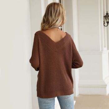 Pull large en maille à col en V-Marron Coco 5