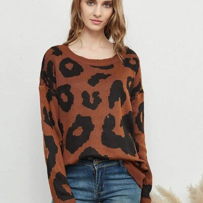 Suéter con Estampado de Leopardo-Coco Brown