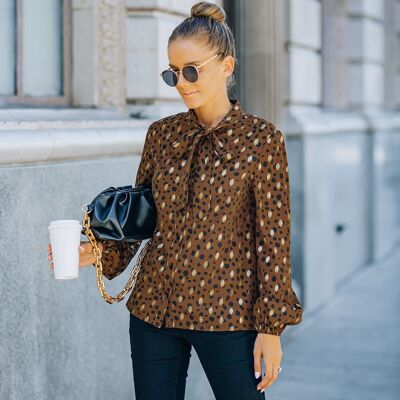 Spotted Print Ribbon Neck Blouse-Coco Brown