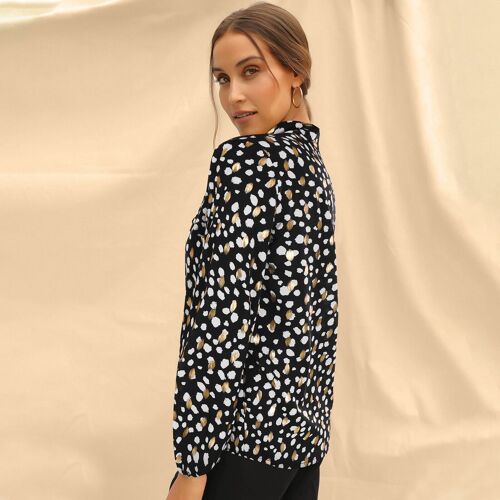 Spotted Print Ribbon Neck Blouse-Black