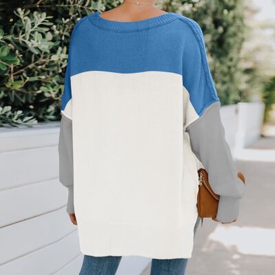 Maglione lungo in maglia triplo colore-Blu