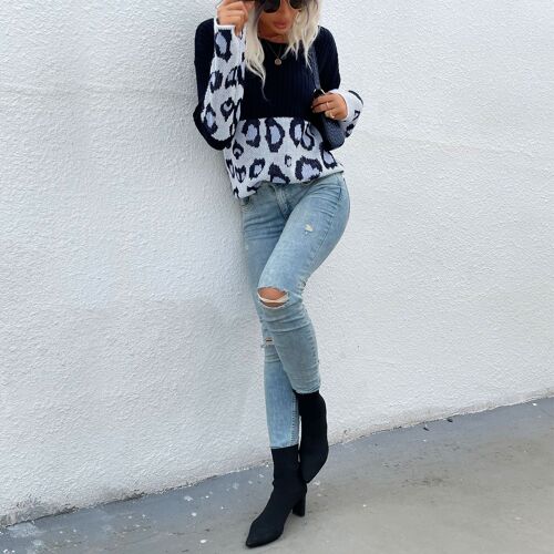 Two Tone Mixed Knit Sweater-Black