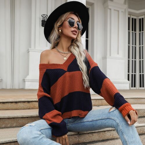 V Neck Striped Fall Sweater-Coco Brown