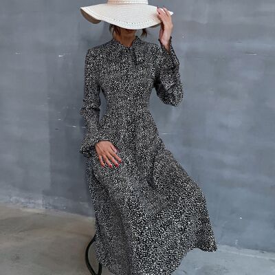 Spotted Collared Midi Dress-Black