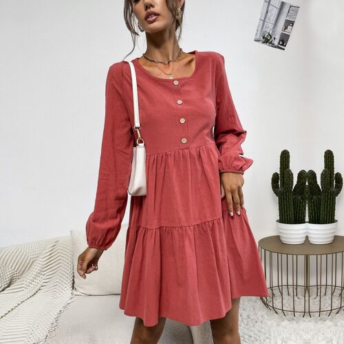 Round Neck Smock Dress-Rustic Tan