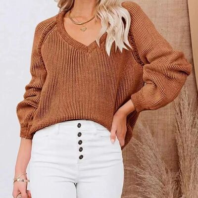 V Neck Raglan Sleeve Sweater-Coco Brown