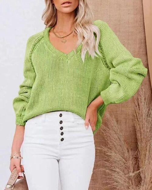 V Neck Raglan Sleeve Sweater-Green