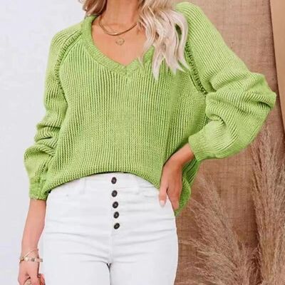 V Neck Raglan Sleeve Sweater-Green