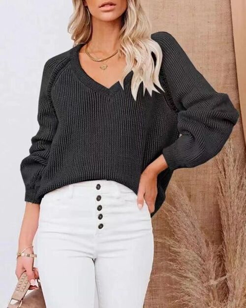 V Neck Raglan Sleeve Sweater-Black
