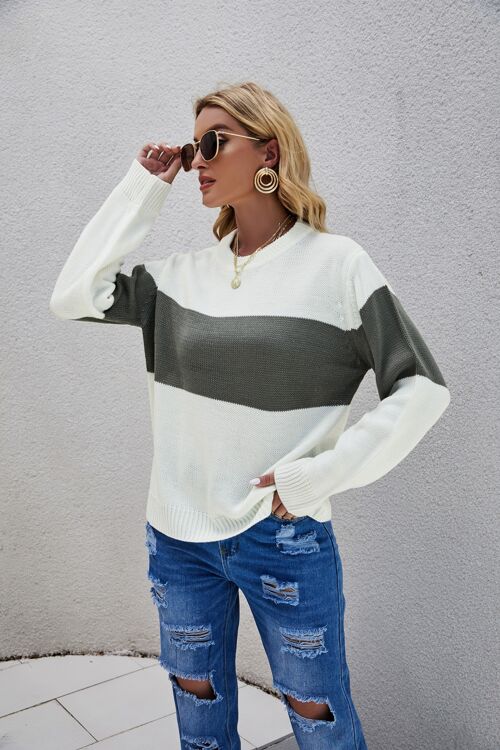 Two Tone Contrast Stripe Sweater-Gray