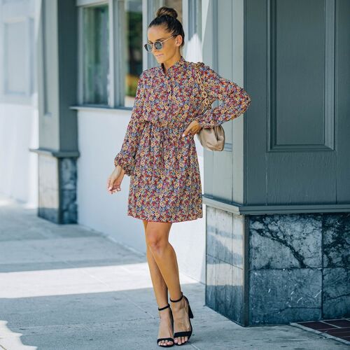 Printed Button Up Shirt Dress-Love Red