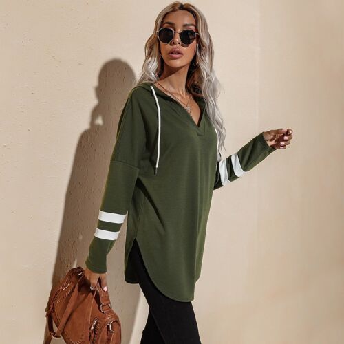 V Neck Sporty Hoodie Sweater-Olive Green