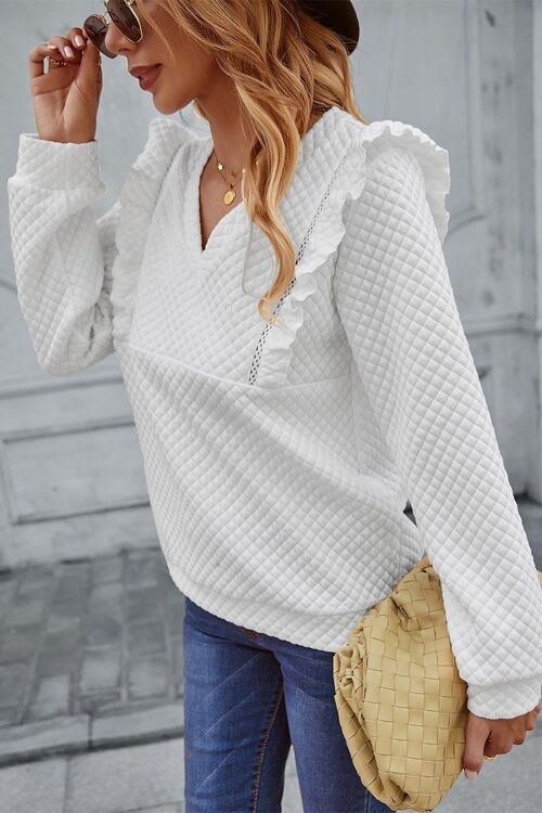 Quilted Ruffle Trimmed Sweater-White