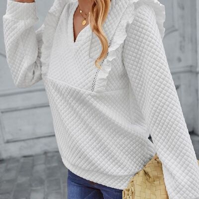 Quilted Ruffle Trimmed Sweater-White