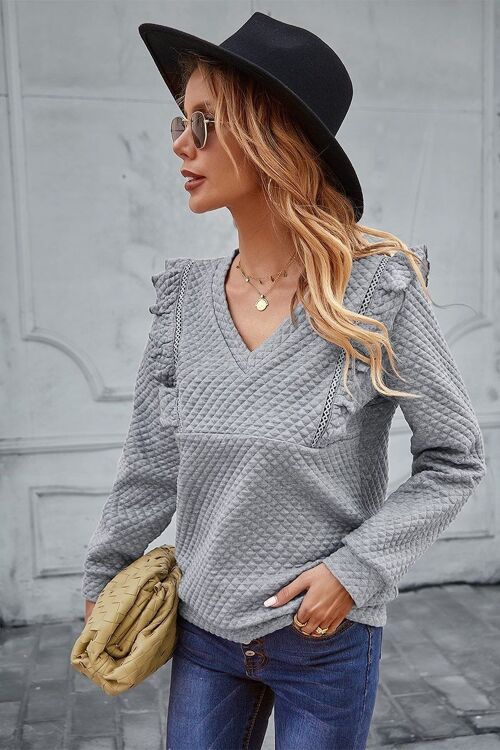 Quilted Ruffle Trimmed Sweater-Gray