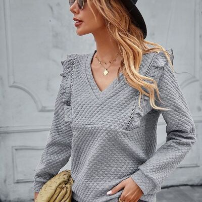 Quilted Ruffle Trimmed Sweater-Gray