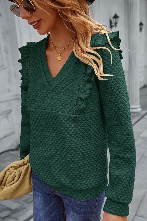 Quilted Ruffle Trimmed Sweater-Dark Green