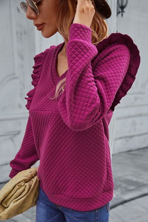 Quilted Ruffle Trimmed Sweater-Fuschia