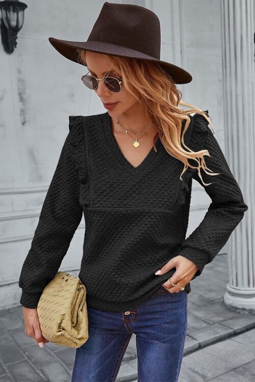 Quilted Ruffle Trimmed Sweater-Black