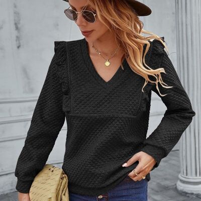 Quilted Ruffle Trimmed Sweater-Black