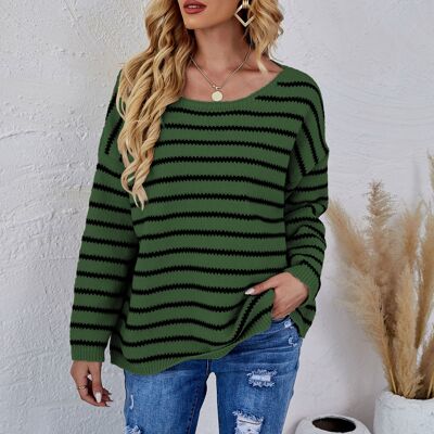 Maglione girocollo a righe in maglia-Verde oliva