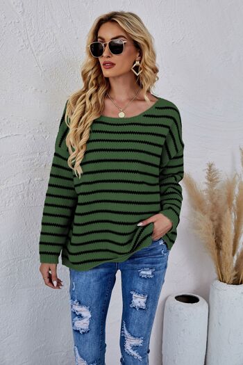 Pull Col Rond En Maille Rayée-Vert Olive