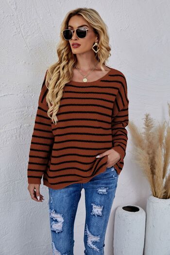 Pull Col Rond En Maille Rayée-Marron Coco