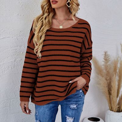 Round Neck Striped Knit Sweater-Coco Brown