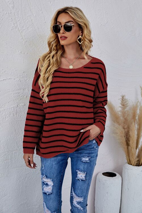 Round Neck Striped Knit Sweater-Love Red