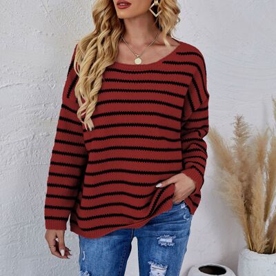 Jersey de punto a rayas con cuello redondo-Love Red