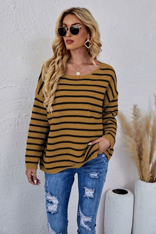 Round Neck Striped Knit Sweater-Sunrise Yellow