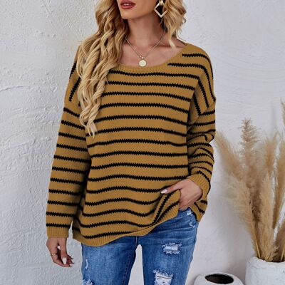 Round Neck Striped Knit Sweater-Sunrise Yellow